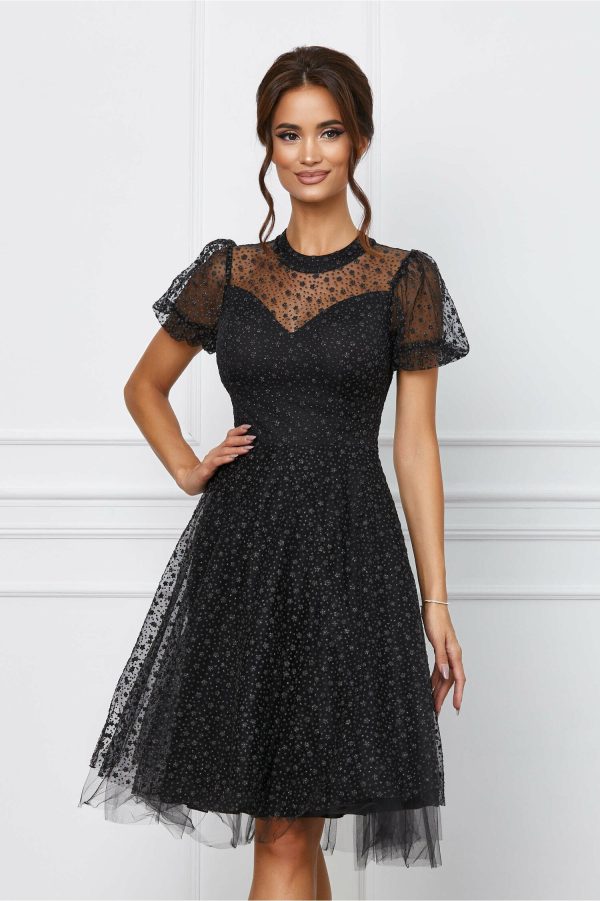 Rochie Atena neagra din tulle cu aplicatii florale