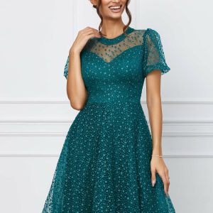 Rochie Atena verde din tulle cu aplicatii florale