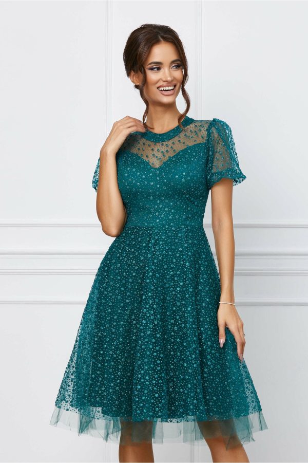 Rochie Atena verde din tulle cu aplicatii florale