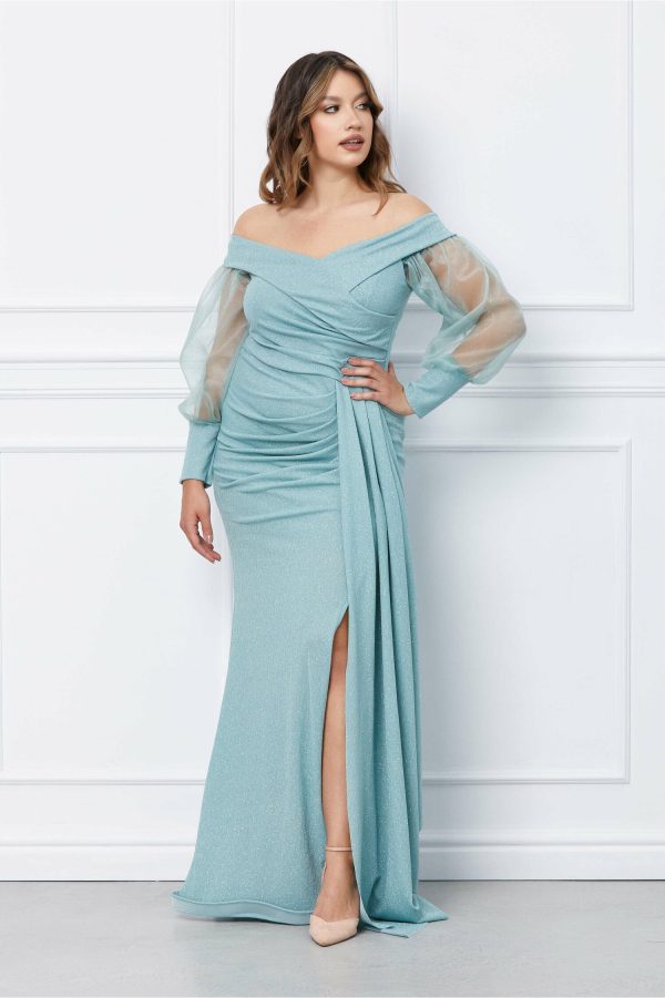 Rochie Aylin lunga verde mint cu glitter