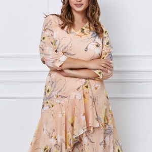 Rochie Bella peach cu imprimeuri si desgin petrecut pe fusta