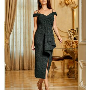 Rochie Berta verde cu umeri goi si volan pe fusta