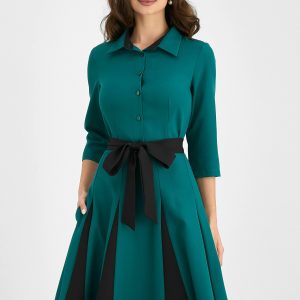 Rochie Bertha verde cu nasturi si cordon in talie