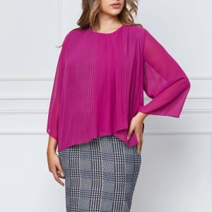 Rochie Carolina cu voal fucsia si carouri bleumarin