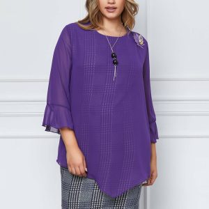 Rochie Carolina cu voal mov si carouri bleumarin
