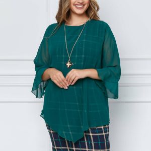 Rochie Carolina cu voal verde si fusta bleumarin cu carouri