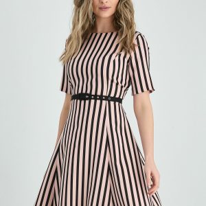 Rochie Cerasela roz cu imprimeu in dungi negre