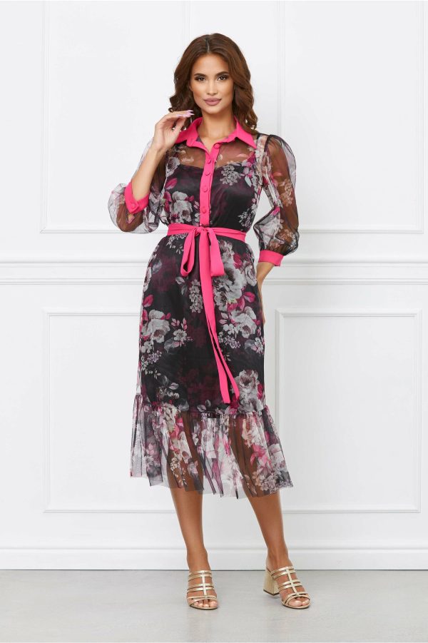 Rochie Chloe neagra cu imprimeuri fucsia