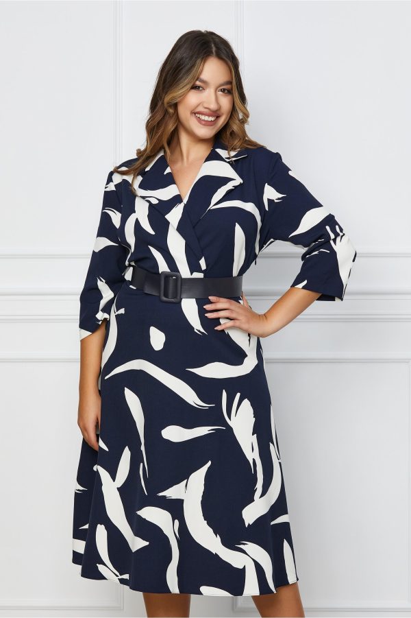 Rochie Clara bleumarin cu imprimeuri albe si curea in talie