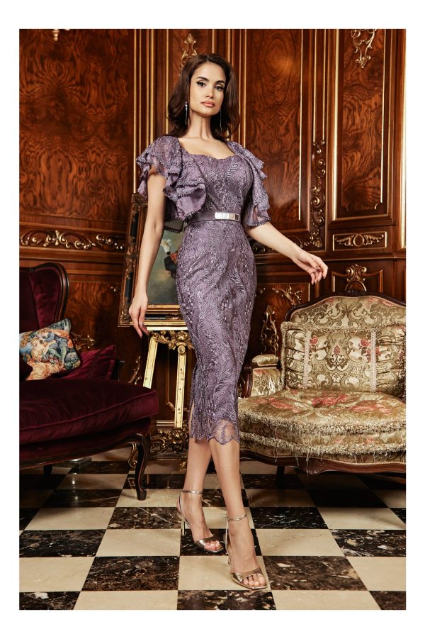 Rochie Clara lila cu maneci scurte cu volanase