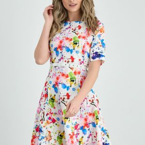 Rochie Corina alba cu imprimeu divers multicolor si curea in talie