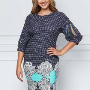 Rochie Corina bleumarin cu buline si imprimeu turcoaz la baza