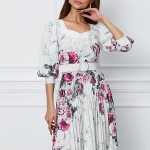 Rochie Cristina ivory cu flori fucsia si fusta plisata