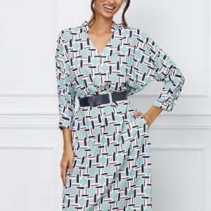 Rochie Cristina vernil cu imprimeu geometric si curea in talie
