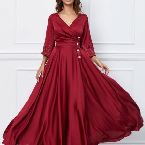 Rochie Daiana lunga bordo cu aplicatii pe talie