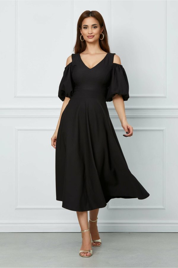Rochie Dalia neagra cu maneci trei sferturi si decupaj la umeri