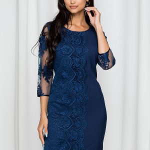 rochie-damaris-bleumarin-de-seara-eleganta-718236-4.jpeg Rochie Damaris bleumarin cu broderie florala si maneci trei sferturi