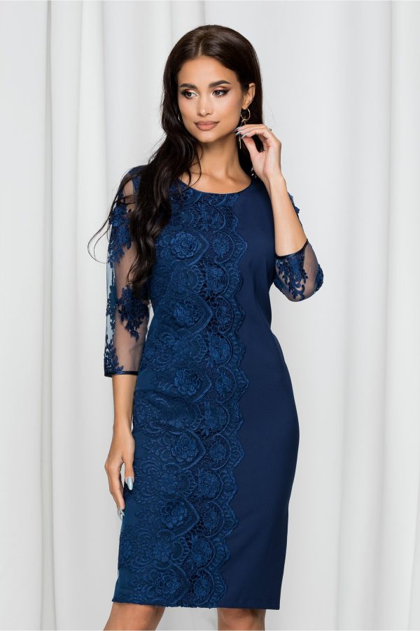 rochie-damaris-bleumarin-de-seara-eleganta-718236-4.jpeg Rochie Damaris bleumarin cu broderie florala si maneci trei sferturi