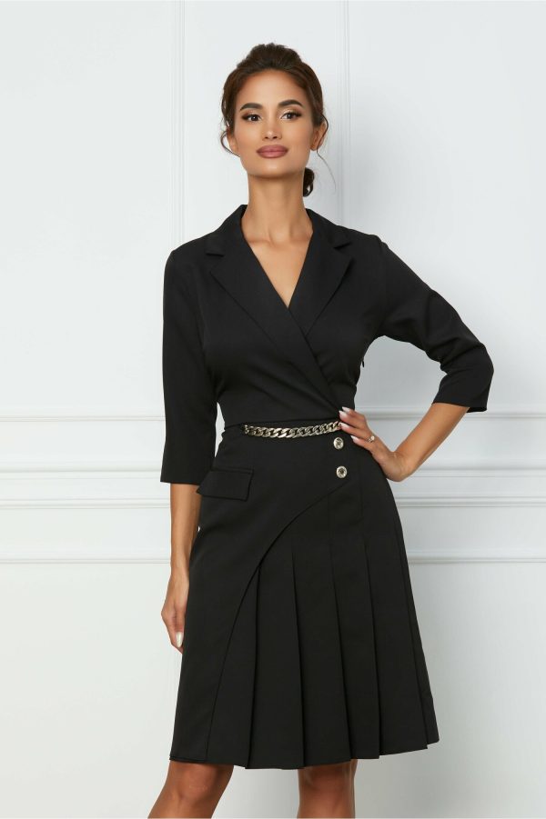 Rochie Damia neagra tip sacou cu accesoriu metalic in talie