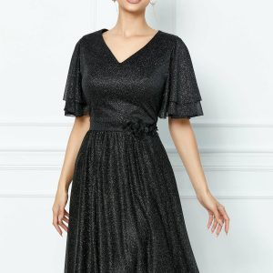 Rochie Dara neagra cu glitter si talie marcata