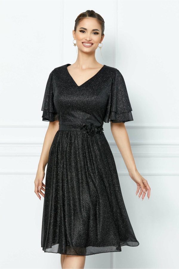 Rochie Dara neagra cu glitter si talie marcata
