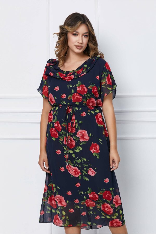 Rochie Daria bleumarin cu imprimeu floral rosu