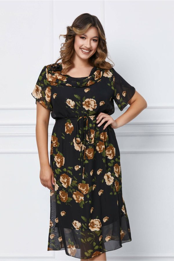 Rochie Daria neagra cu imprimeu floral maro