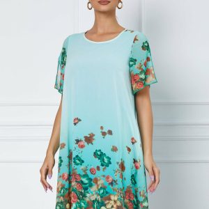 Rochie Daria turcoaz cu imprimeu floral