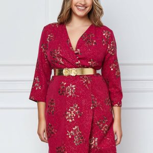 Rochie Dariana fucsia cu imprimeu floral auriu si curea in talie