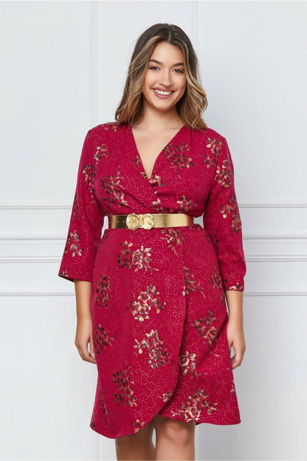 Rochie Dariana fucsia cu imprimeu floral auriu si curea in talie