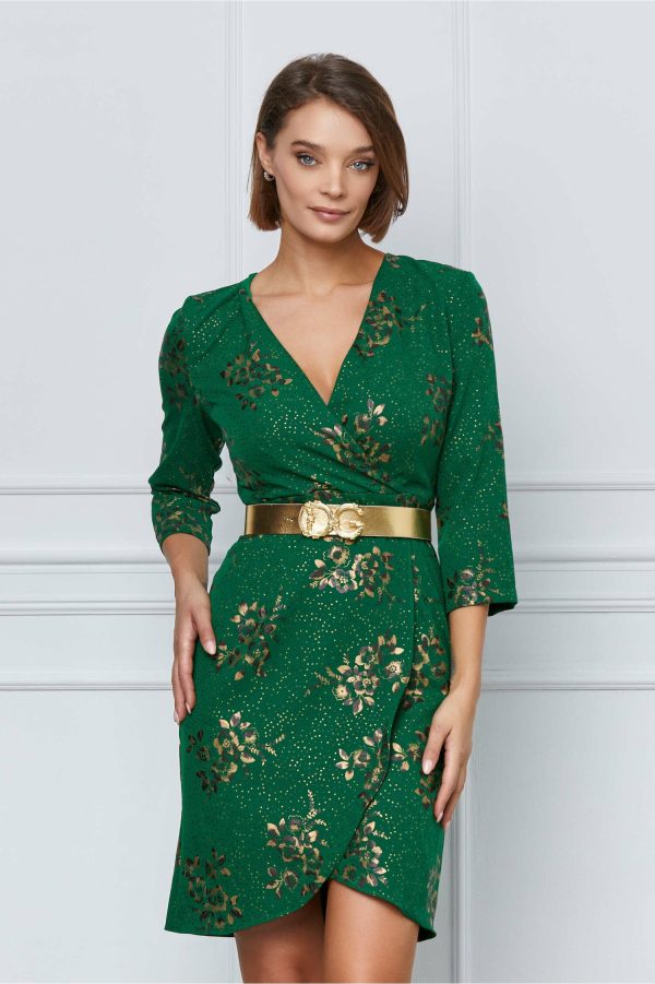 Rochie Dariana verde cu imprimeu floral auriu si curea in talie