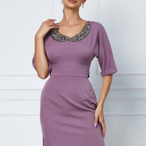 Rochie Denma lila cu accesoriu la gat