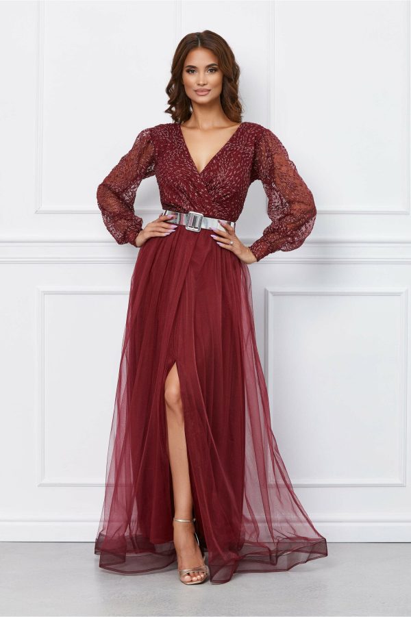 Rochie Diana bordo lunga din tulle cu sclipici pe bust si maneci