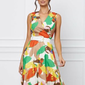 Rochie Diana galbena cu imprimeu floral painty si curea in talie