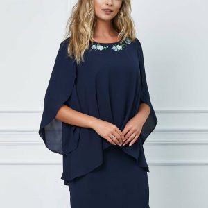 Rochie Diane bleumarin cu decupaj la maneci si broderie la bust