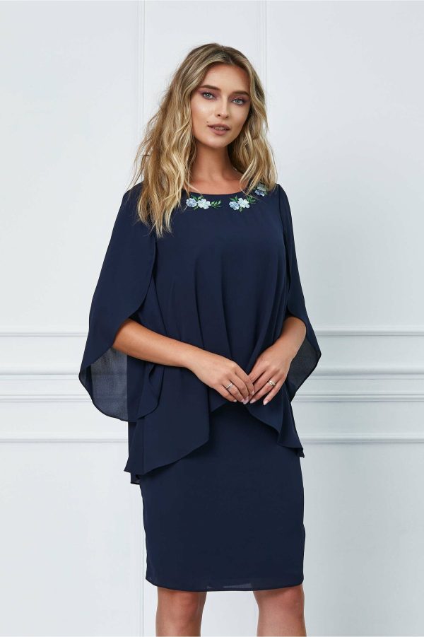 Rochie Diane bleumarin cu decupaj la maneci si broderie la bust
