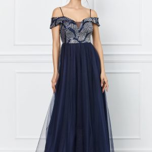 Rochie Dori bleumarin cu paiete argintii la bust