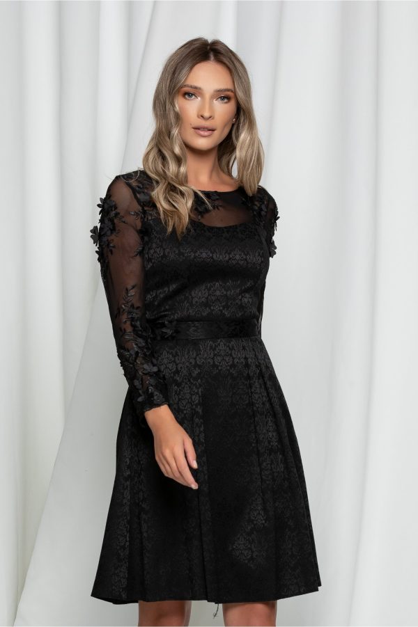 Rochie Dorina neagra cu broderie florala 3D la decolteu si maneci