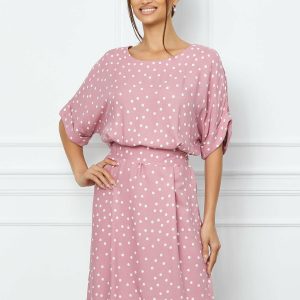 Rochie Dottie roz cu buline si cordon in talie
