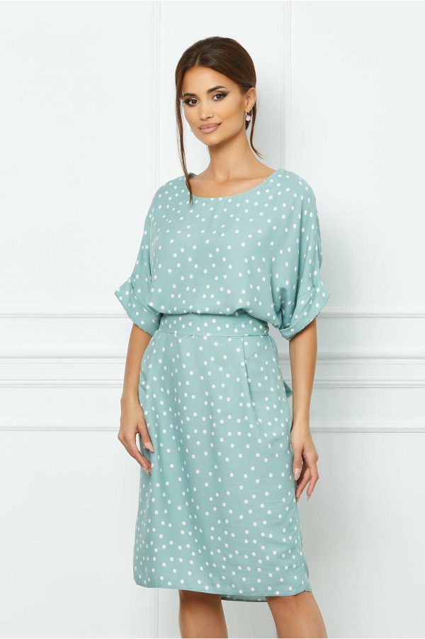Rochie Dottie verde mint cu buline si cordon in talie