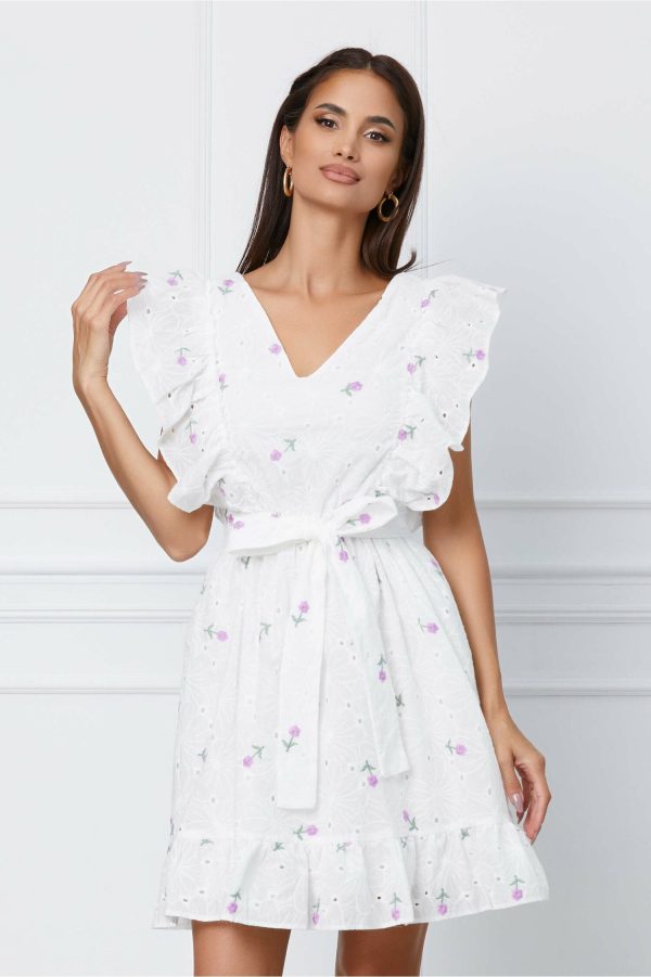 Rochie Dy Fashion alba cu broderie lila si volane