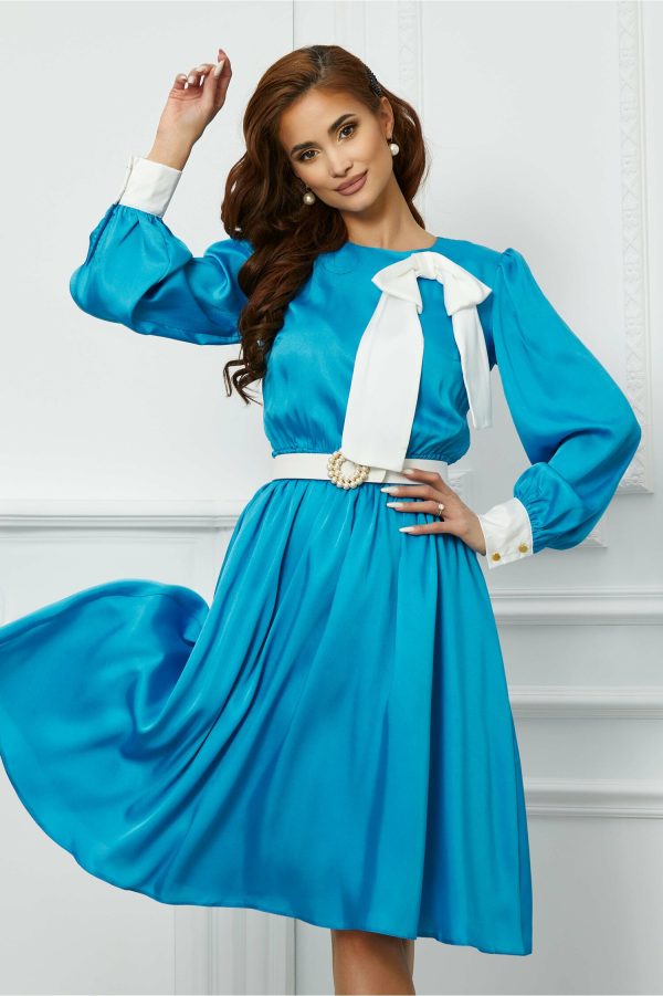 Rochie Dy Fashion albastra cu funda maxi si curea