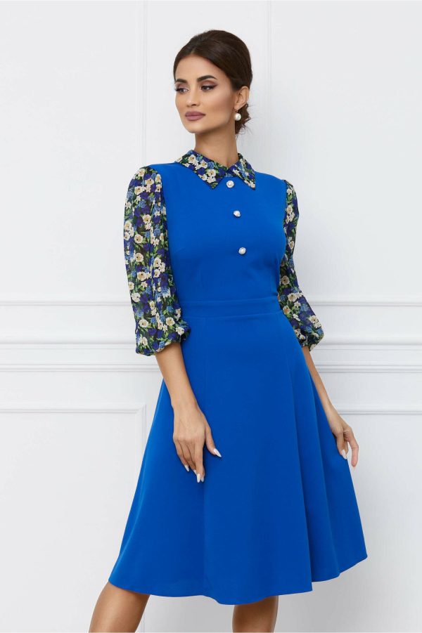 Rochie Dy Fashion albastra cu imprimeu pe maneci si nasturi la bust