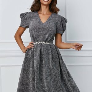Rochie Dy Fashion argintie cu accesoriu in talie