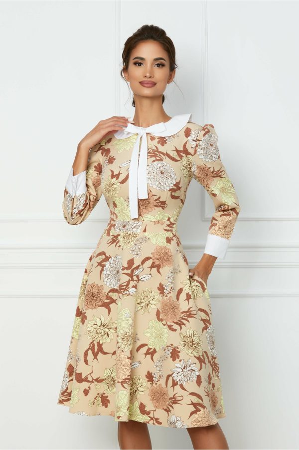 Rochie Dy Fashion bej cu imprimeu si guler rotund