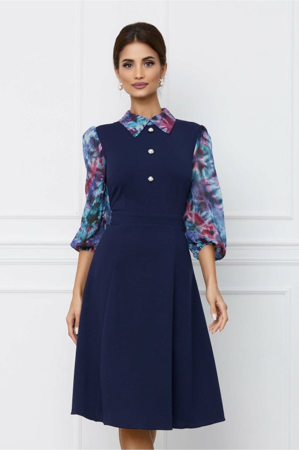 Rochie Dy Fashion bleumarin cu imprimeu pe maneci si nasturi la bust