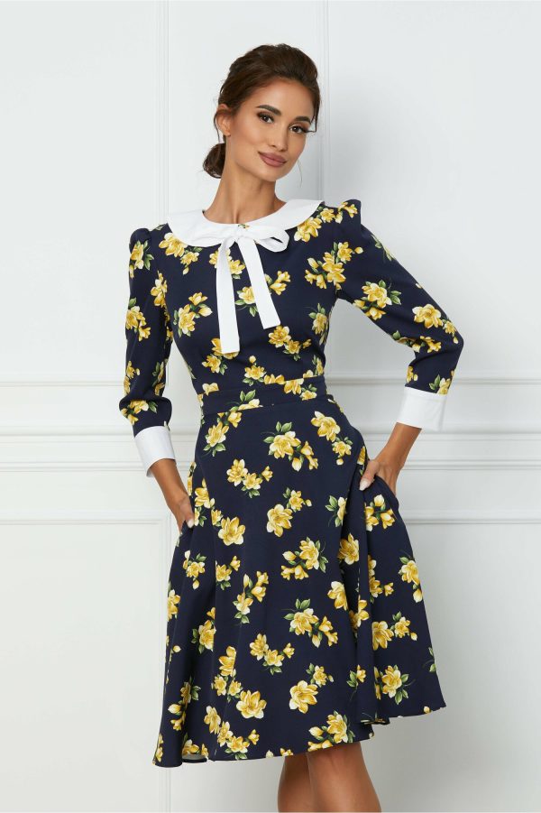Rochie Dy Fashion bleumarin cu imprimeu si guler rotund