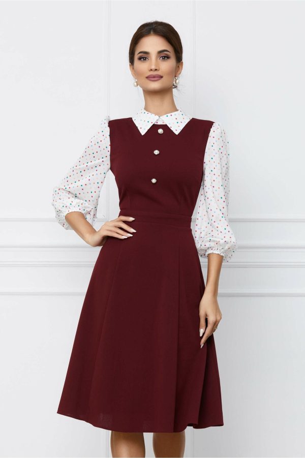 Rochie Dy Fashion bordo cu imprimeu pe maneci si nasturi la bust