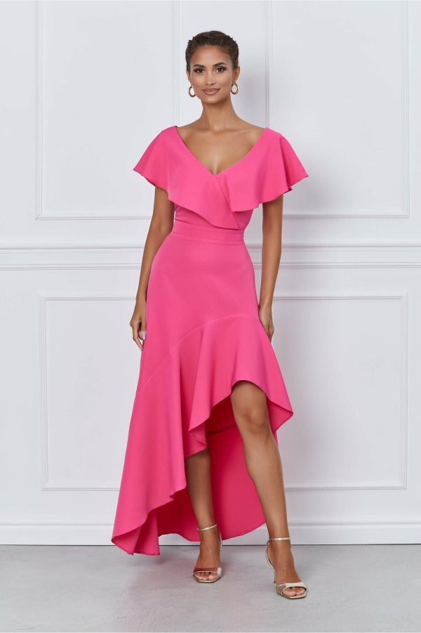 Rochie DY Fashion fuchsia cu volane si croi asimetric