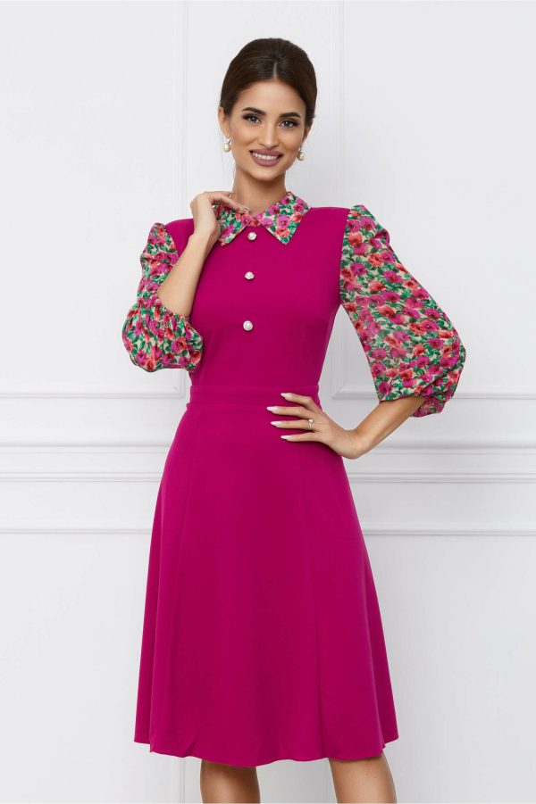 Rochie Dy Fashion fucsia cu imprimeu pe maneci si nasturi la bust